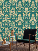 Teal Damask Pattern Wallpaper