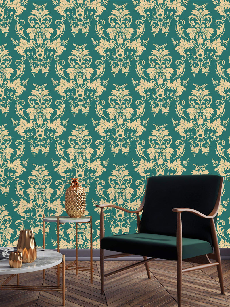 Teal Damask Pattern Wallpaper