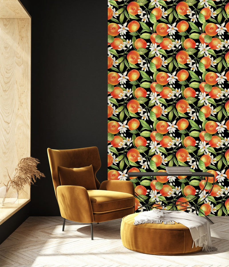 Dark Wallpaper with Flowers and Tangerines