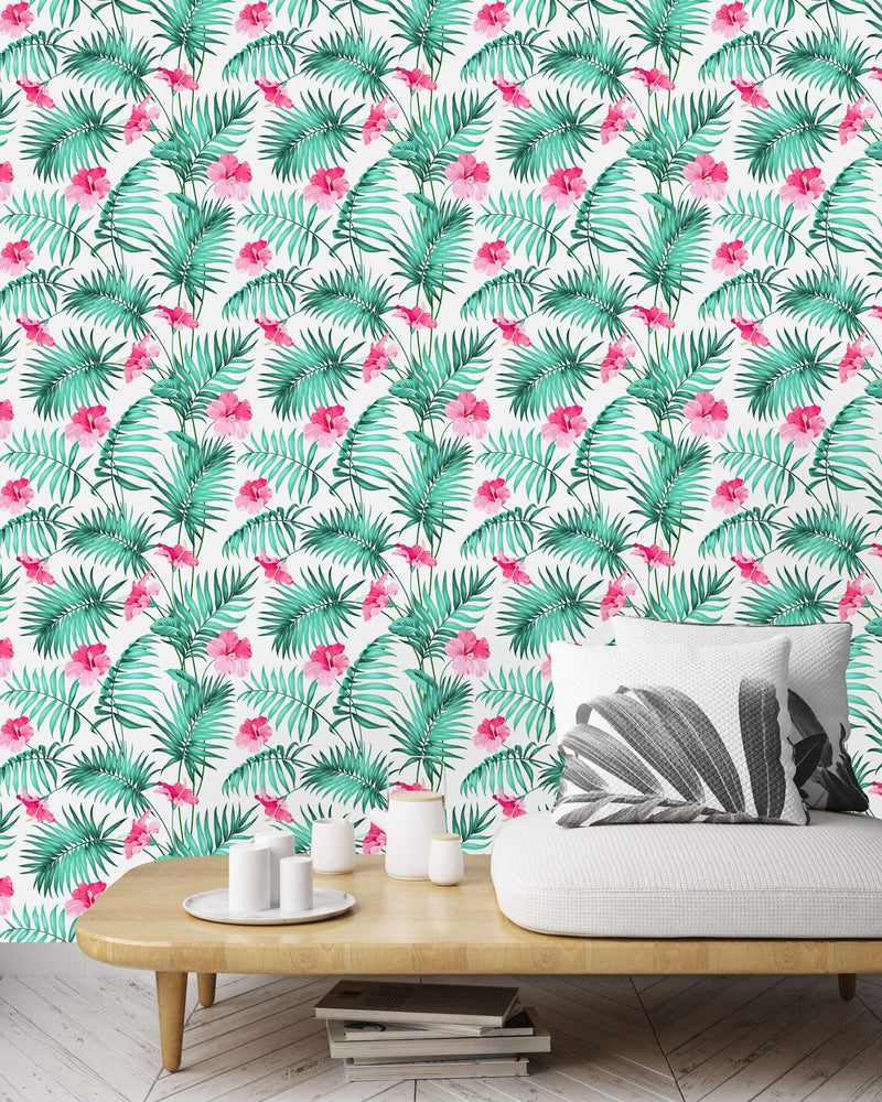 Tropical Leaves with Flowers Wallpaper