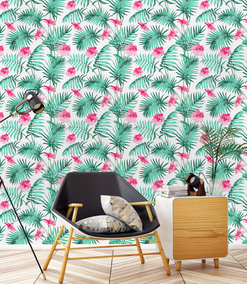 Tropical Leaves with Flowers Wallpaper