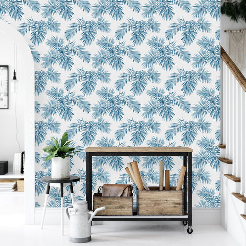 White Wallpaper with Blue Leaves