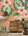 Orange Wallpaper with Exotic Flowers