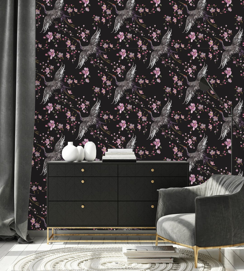 Cranes and Pink Flowers Wallpaper