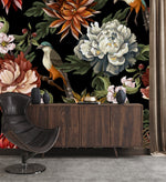 Peonies with Birds on Dark Background Wallpaper