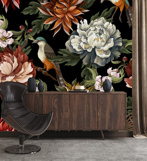 Peonies with Birds on Dark Background Wallpaper