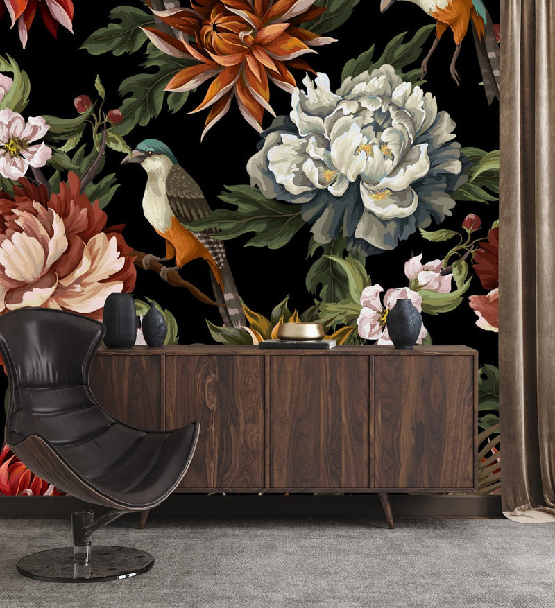 Peonies with Birds on Dark Background Wallpaper