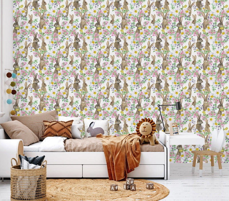Contemporary Hares between Flowers Wallpaper Smart