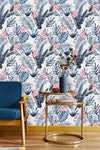 Blue Leaves and Pink Flowers Wallpaper