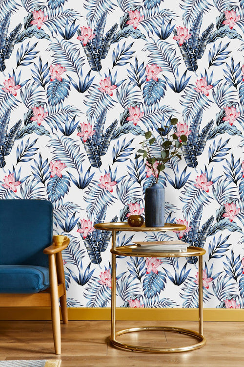 Blue Leaves and Pink Flowers Wallpaper