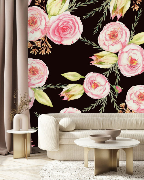 Black Wallpaper with Pink Flowers