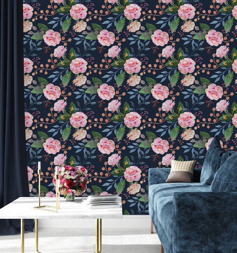 Modish Dark Wallpaper with Pink Roses Tasteful