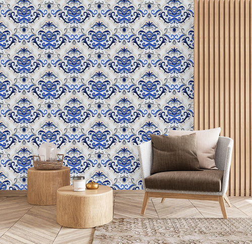 Beige and Blue Monogram Wallpaper