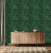 Green Wallpaper with Gold Contours of Leaves