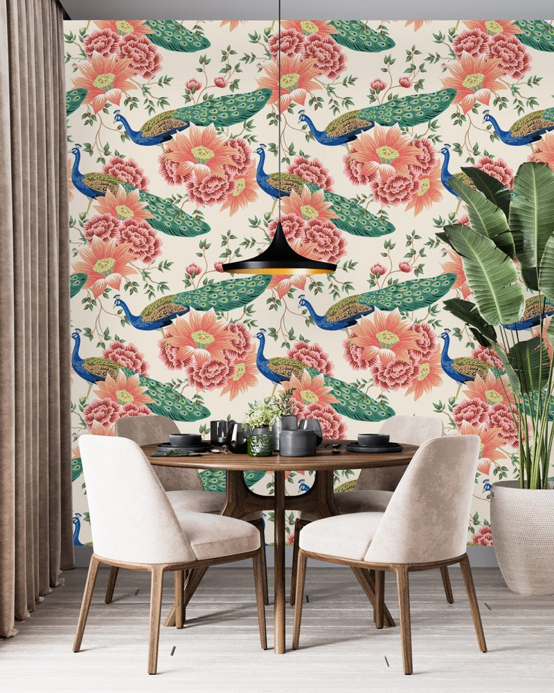 Peacocks and Flowers Wallpaper