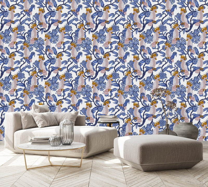 Blue Pattern with Parrots Wallpaper