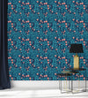 Voguish Blue Leaves with Pink Flowers Wallpaper Chic