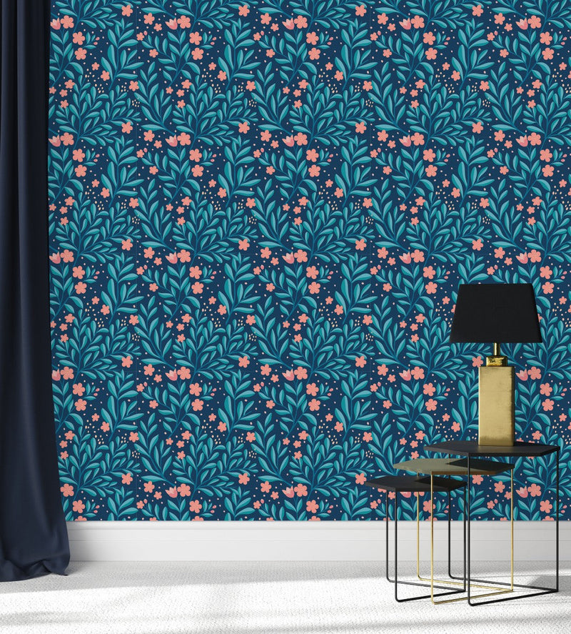 Voguish Blue Leaves with Pink Flowers Wallpaper Chic
