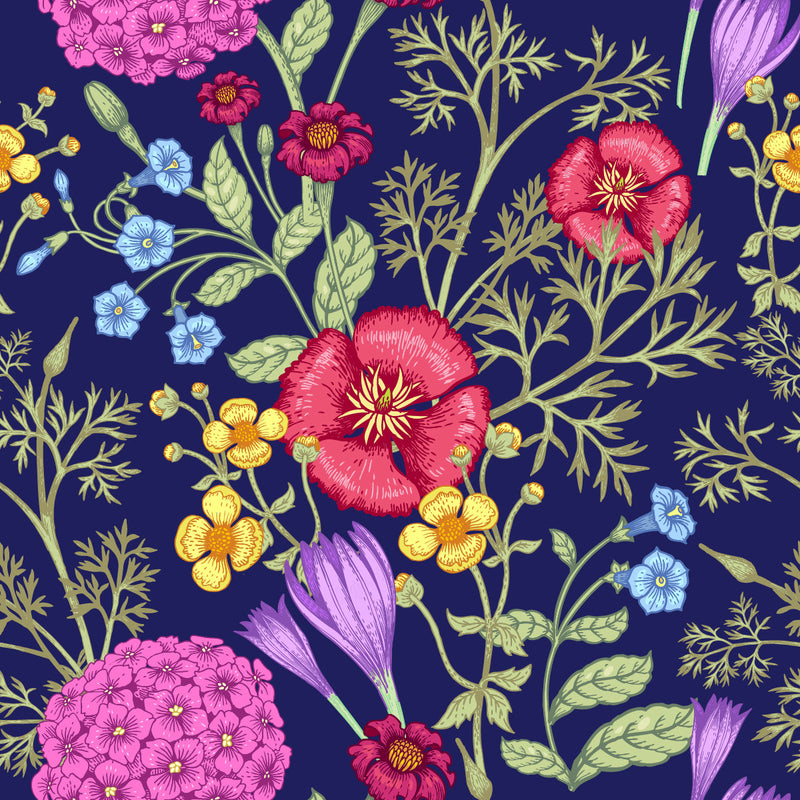 Brightly Flowers on Blue Background Wallpaper