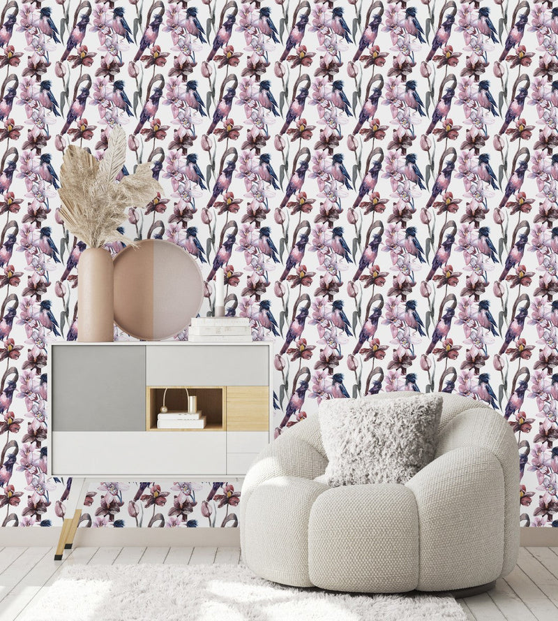 Elegant Pink Flowers and Birds Wallpaper Smart