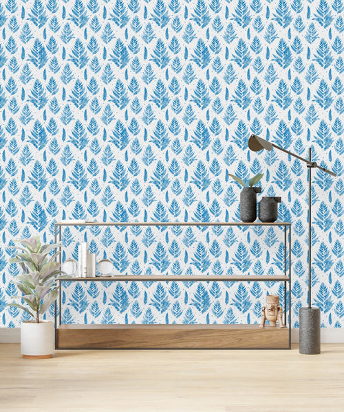 Contemporary Blue Fern Leaves Wallpaper Vogue