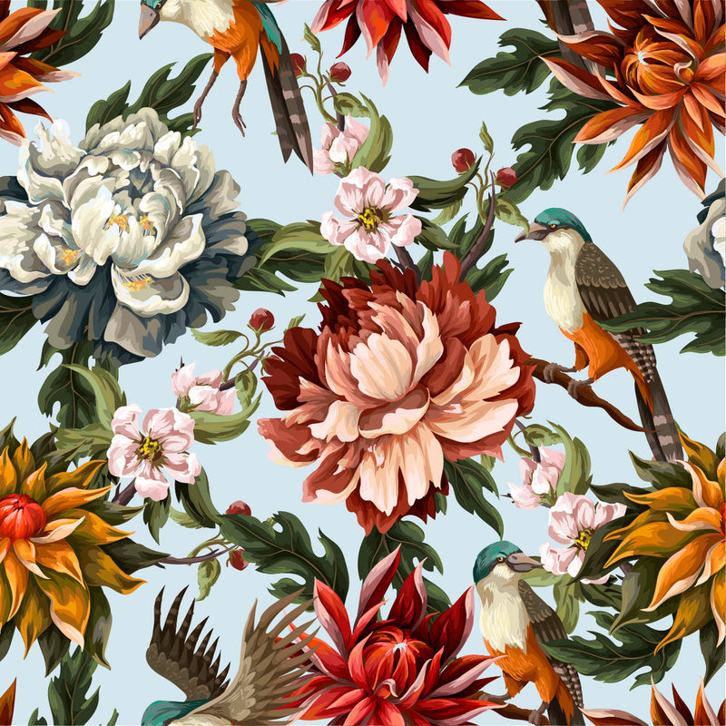 Blue Wallpaper with Flowers and Birds