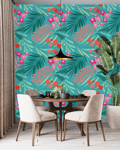 Brightly Flowers and Leaves Pattern Wallpaper