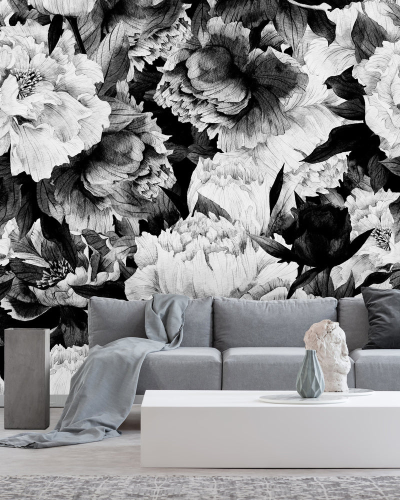 Vintage Black and White Large Flowers Wallpaper Mural – Lovecup.com