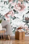 Vintage Bouquet Of Peonies Blue and Grey Wallpaper Mural