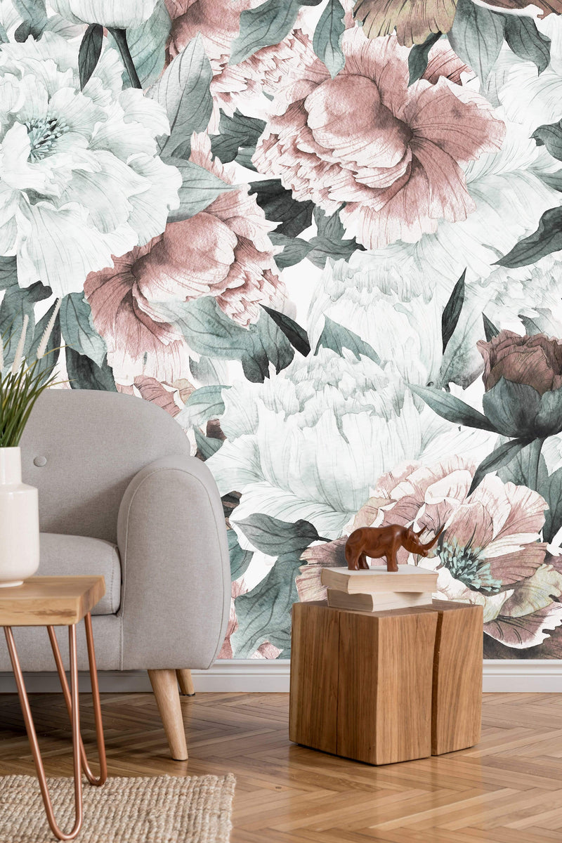 Vintage Bouquet Of Peonies Blue and Grey Wallpaper Mural