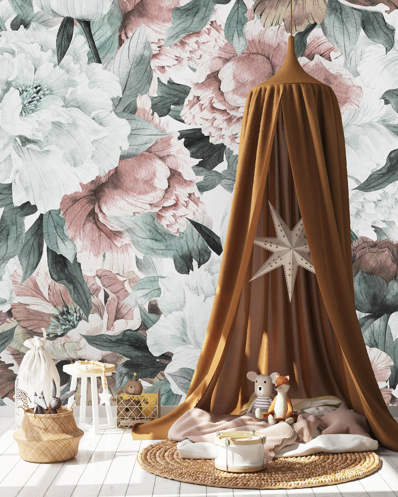 Vintage Bouquet Of Peonies Blue and Grey Wallpaper Mural