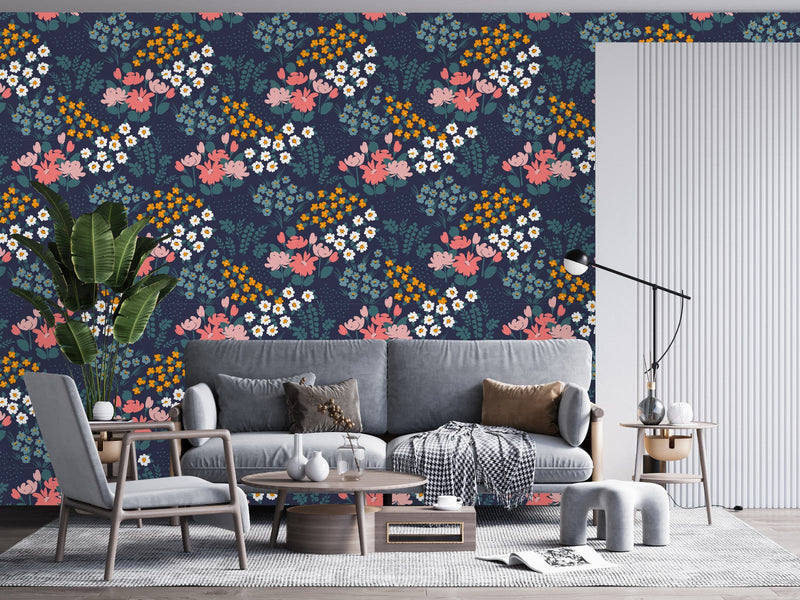Contemporary Dark Wallpaper with Brightly Flowers