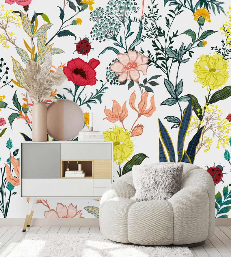 White Wallpaper with Flowers and Ladybugs