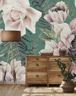 Contemporary Modern Green Wallpaper with Flowers