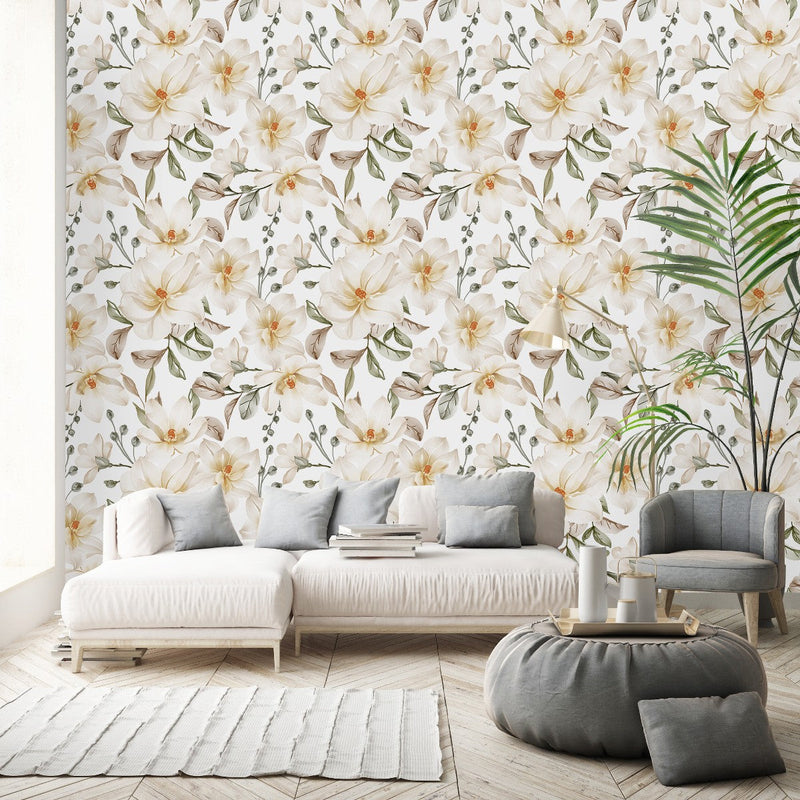 Contemporary White Flowers Wallpaper Smart