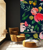 Elegant Modern Dark Wallpaper with Pink Flowers