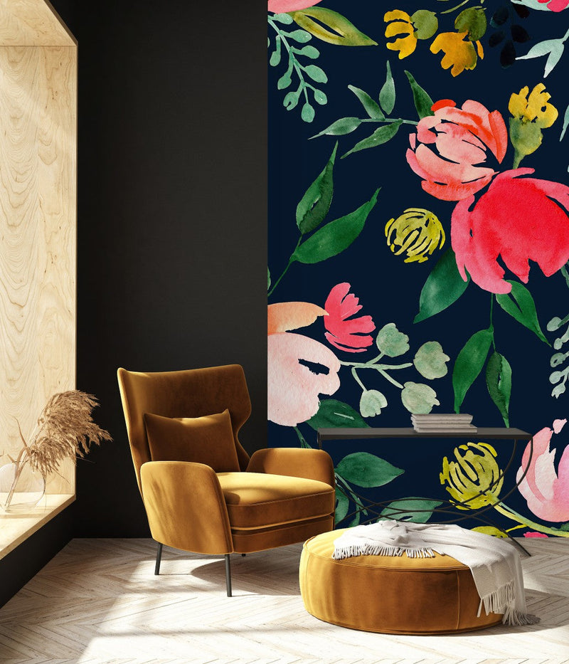 Elegant Modern Dark Wallpaper with Pink Flowers