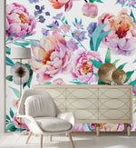 White Wallpaper with Flowers and Berries