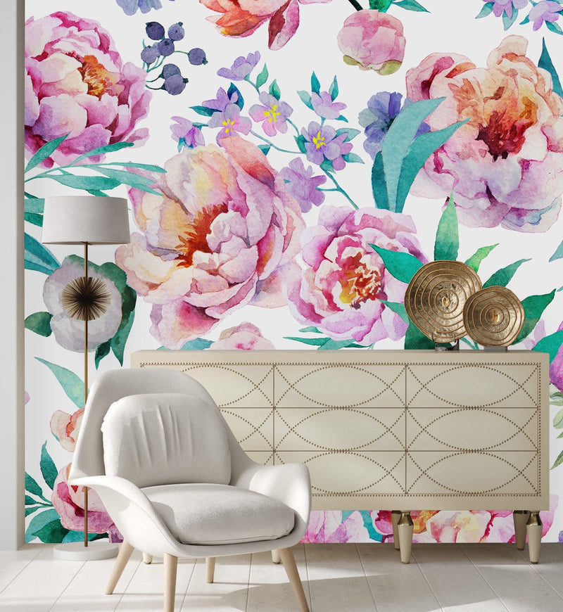White Wallpaper with Flowers and Berries