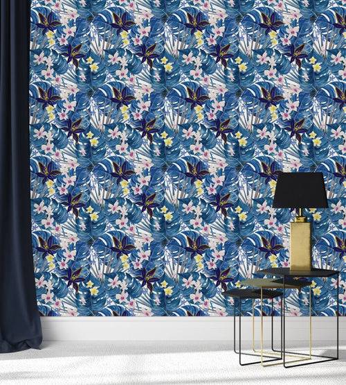 Blue Monstera Leaves Wallpaper