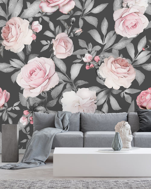 Watercolor Seamless Pattern with Pink Flowers and Leaves on Gray Background Wallpaper Mural