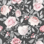 Watercolor Seamless Pattern with Pink Flowers and Leaves on Gray Background Wallpaper Mural