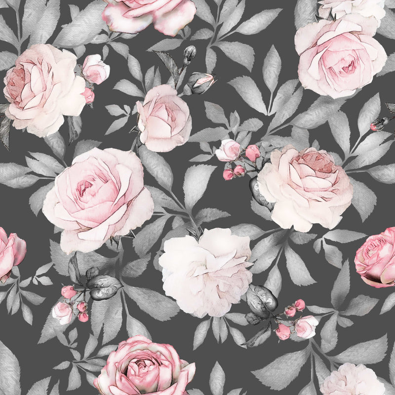 Watercolor Seamless Pattern with Pink Flowers and Leaves on Gray Background Wallpaper Mural