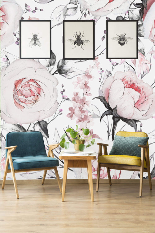 Watercolor Vintage Floral Art Pink Flowers and Leaves on White Background Wallpaper Mural