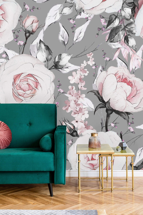 Watercolor Vintage Flowers on Gray Background Wallpaper Mural