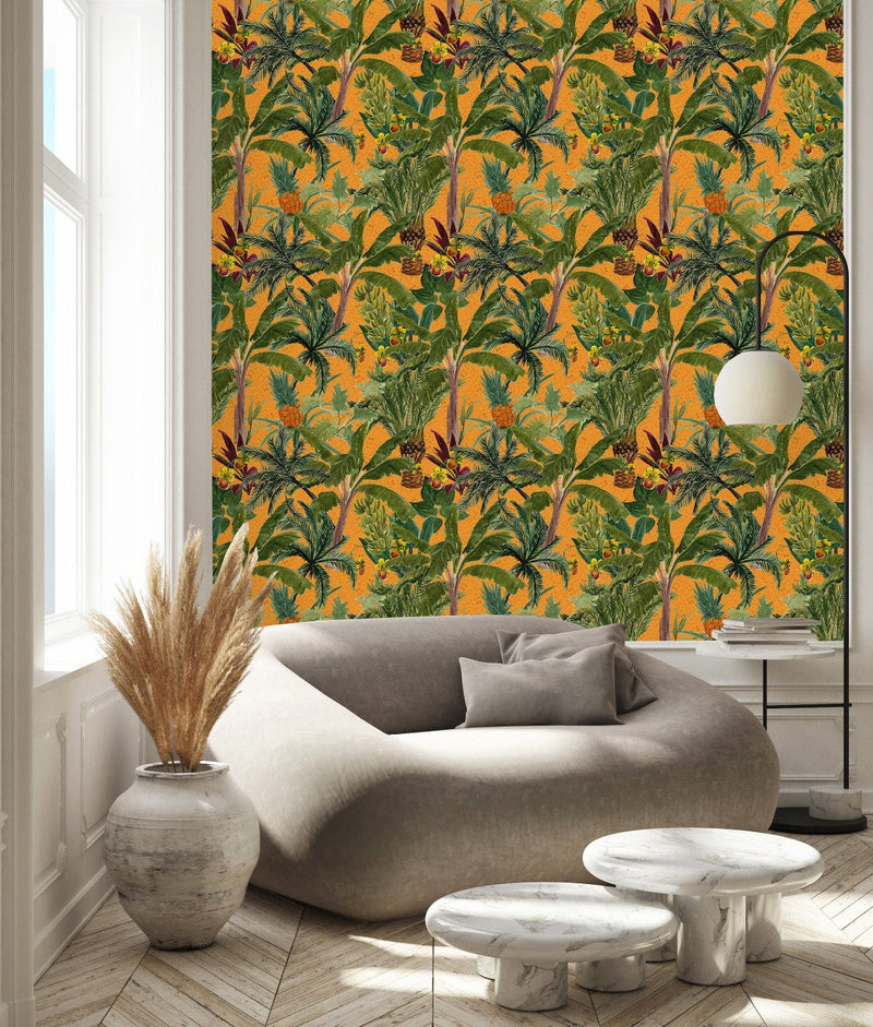 Orange Wallpaper with Palms and Pineapples