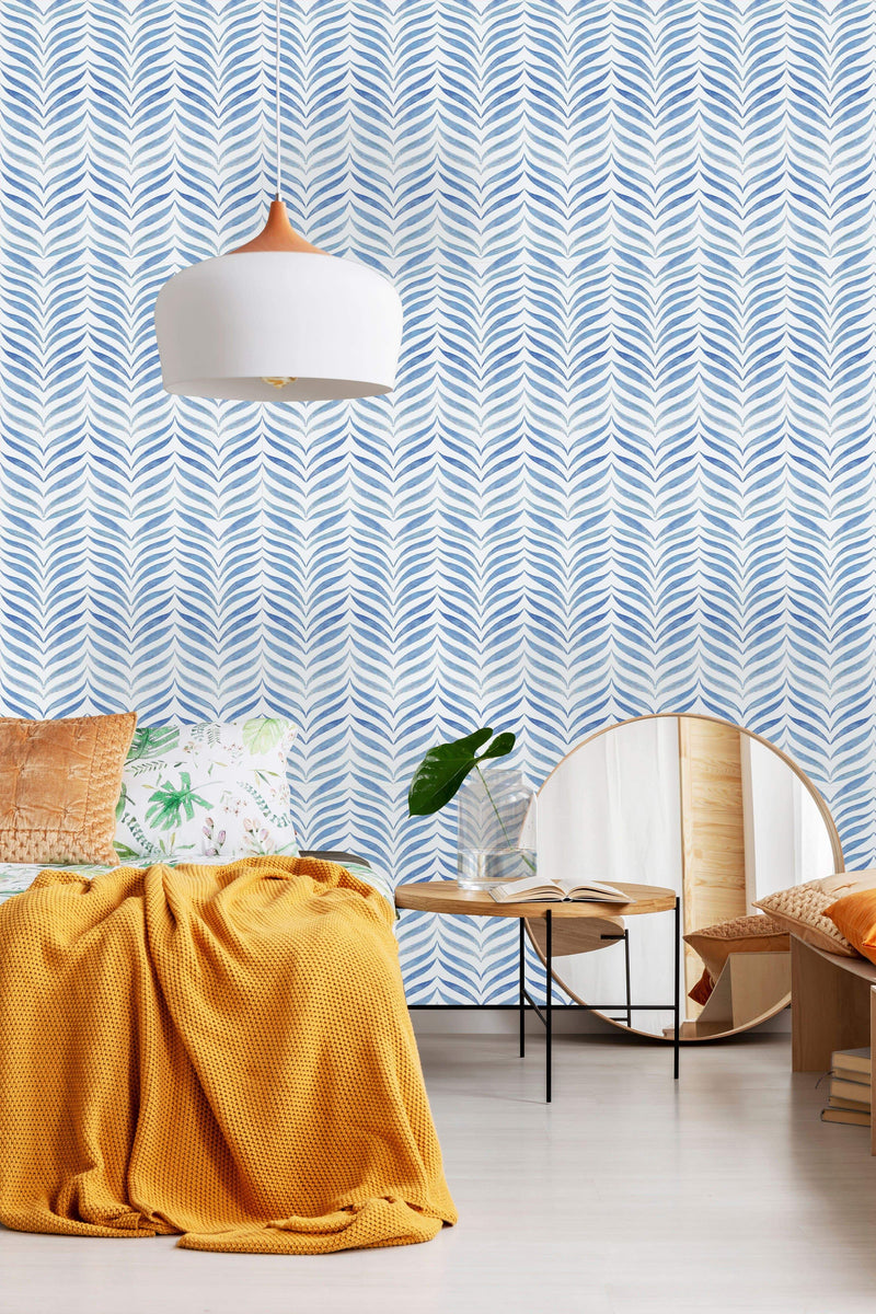 White and Blue Watercolor Herringbone Wallpaper