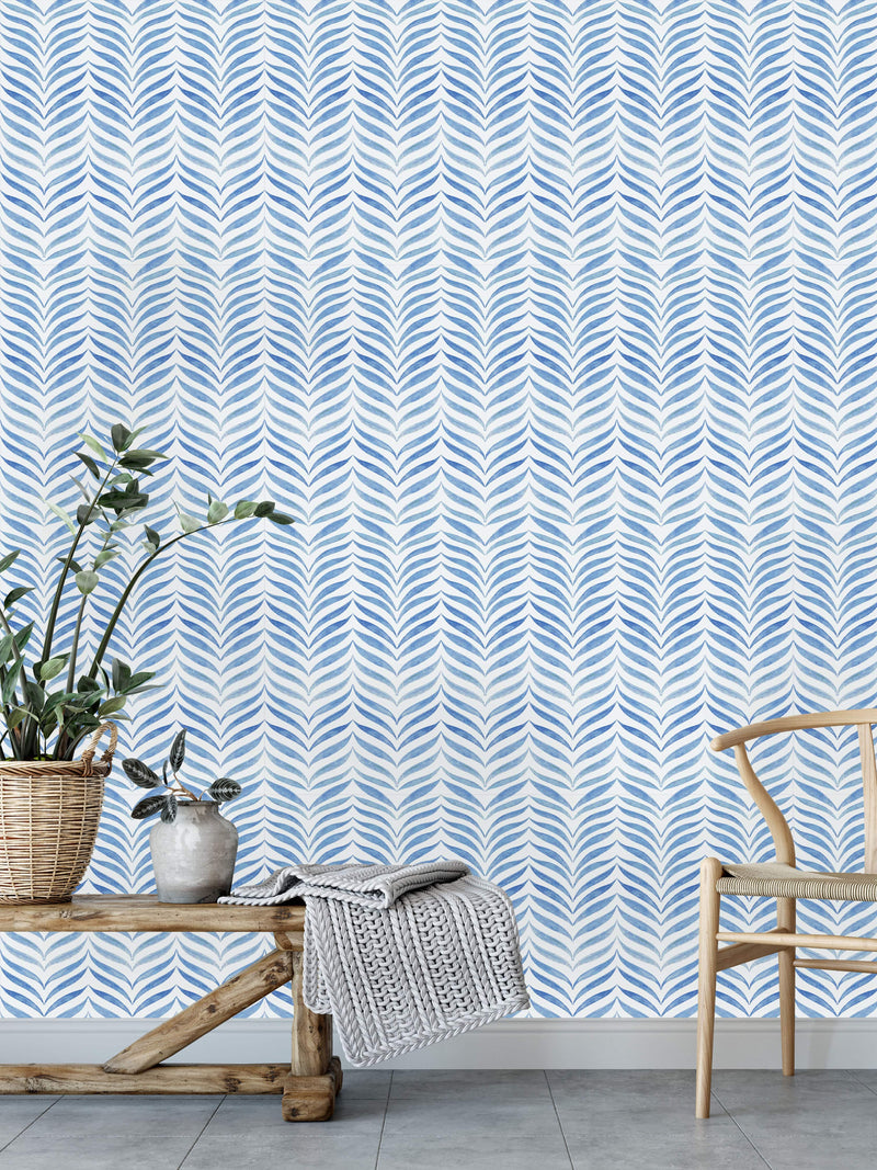 White and Blue Watercolor Herringbone Wallpaper