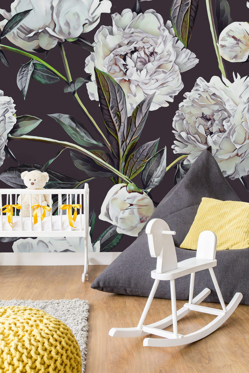 White Vintage Peonies Wallpaper Mural