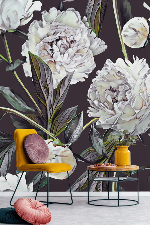 White Vintage Peonies Wallpaper Mural